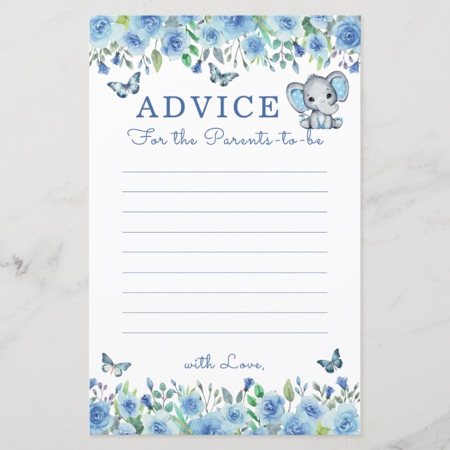 Elephant Dusty Blue Baby Shower Ratschläge für Elt (Vorderseite)
