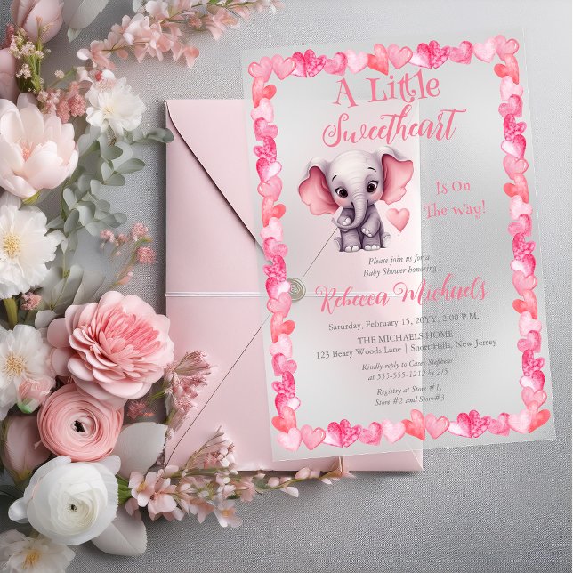 Elephant eine kleine Sweetheart Girl Baby Dusche Acryleinladungen (Elephant "A Little Sweetheart Is On The Way!" Pink Hearts Girl Baby Shower Acrylic Invitation)