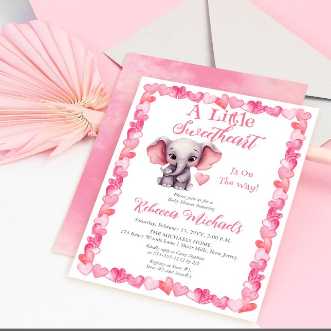 Elephant eine kleine Sweetheart Girl Baby Dusche Einladung (Pink Hearts | Elephant "A Little Sweetheart Is On The Way" Girl Baby Shower Invitation)