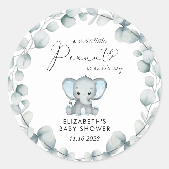 Elephant Eucalyptus Baby Boy Dusche Runder Aufkleber (Vorderseite)