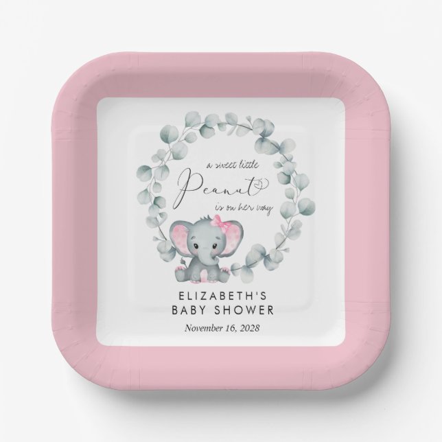 Elephant Eucalyptus Baby Girl Shower Pappteller (Vorderseite)