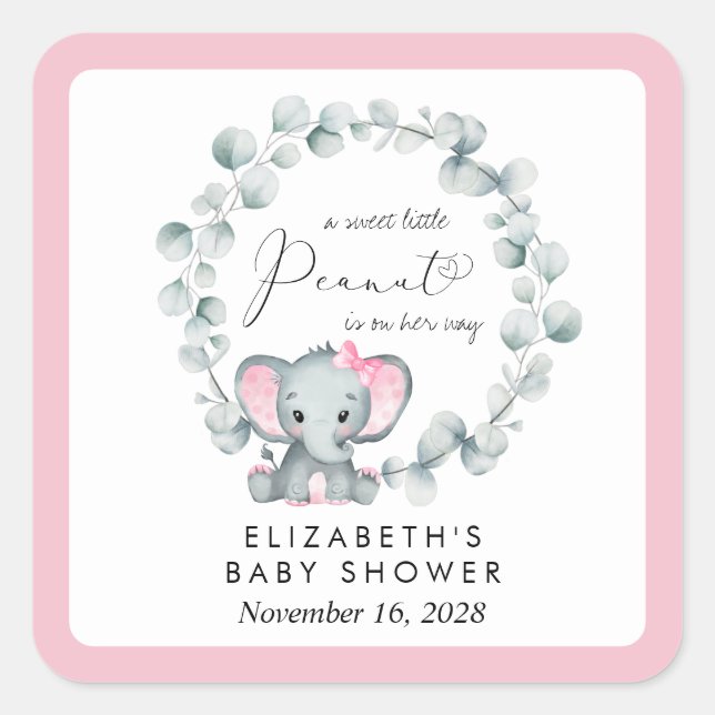 Elephant Eucalyptus Baby Girl Shower Quadratischer Aufkleber (Vorderseite)