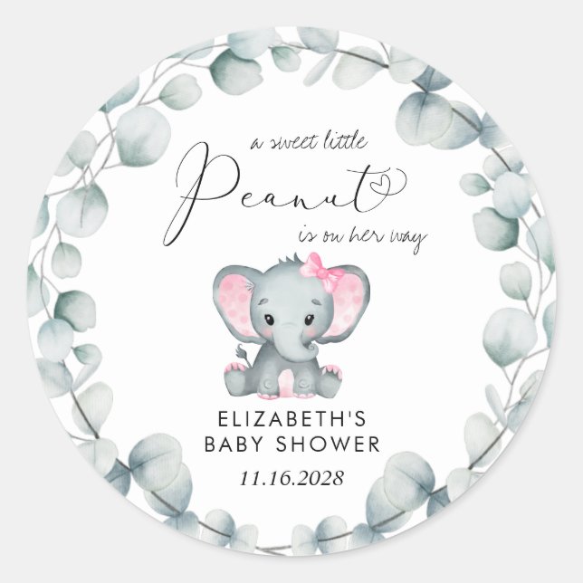 Elephant Eucalyptus Baby Girl Shower Runder Aufkleber (Vorderseite)
