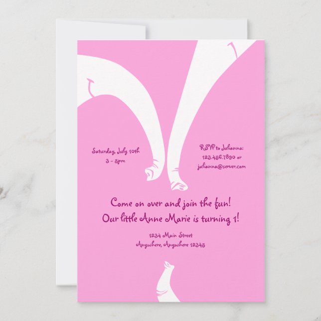 Elephant Family Girl Child Birthday Invitation Einladung (Vorderseite)
