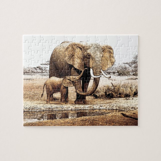 Elephant Family Illustration Tierart Puzzle (Horizontal)