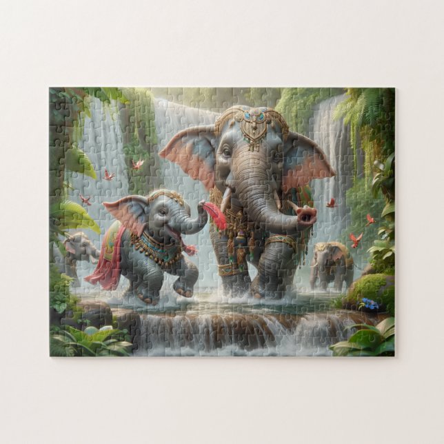Elephant Family Jungle Waterfall Happy Time Puzzle (Horizontal)
