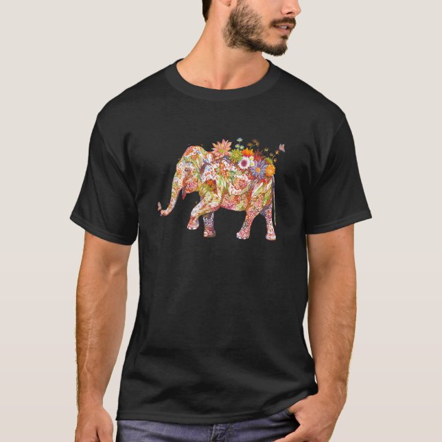 Elephant, farbenfrohe Blume Elefant T-Shirt (Vorderseite)