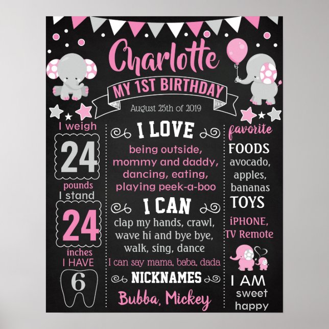 Elephant First Birthday Chalkboard-Zeichen Poster (Vorne)