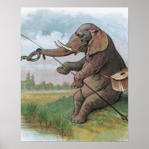 Elephant Fischer Fishing Illustration Poster