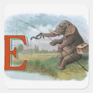 Elephant Fischer Fishing Illustration Quadratischer Aufkleber