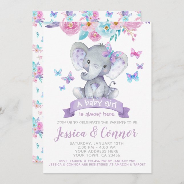 Elephant Floral Baby Shower Einladung (Vorne/Hinten)