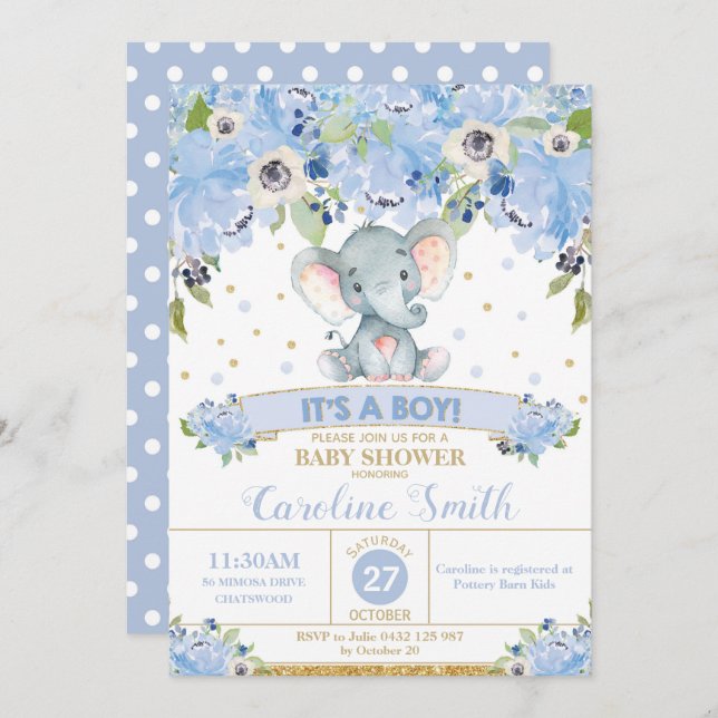 Elephant Floral Baby Shower Einladung Junge (Vorne/Hinten)