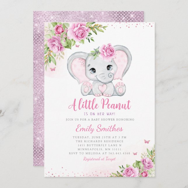 Elephant Floral Baby Shower Invitation Girl Einladung (Vorne/Hinten)