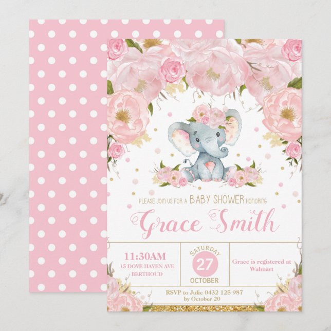Elephant Floral Baby Shower Invitation Girl Einladung (Vorne/Hinten)