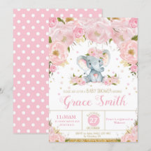 Elephant Floral Baby Shower Invitation Girl