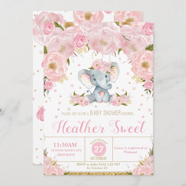 Elephant Floral Baby Shower Invitation Girl Einladung (Vorne/Hinten)