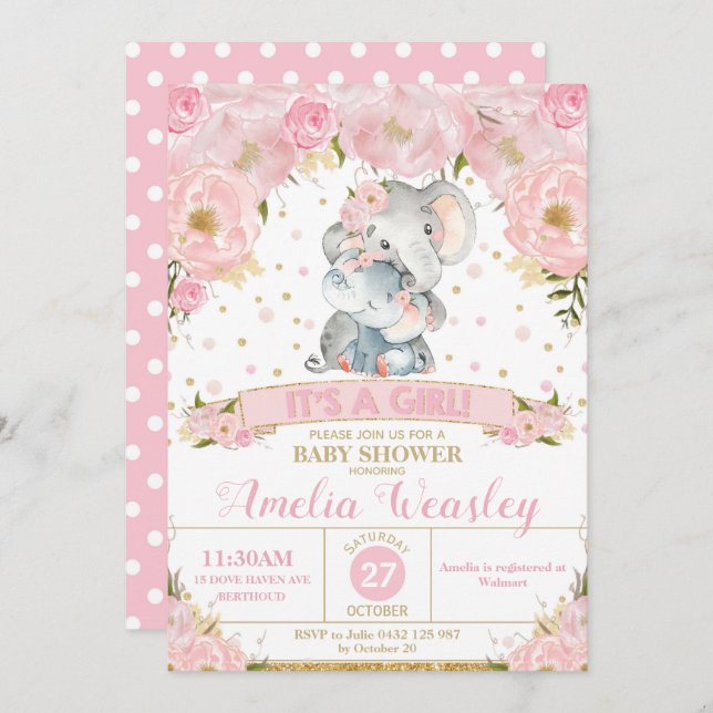 Elephant Floral Baby Shower Invitation Girl Einladung (Vorne/Hinten)
