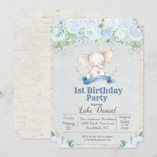 Elephant Floral Boy 1. Geburtstag Party Einladung