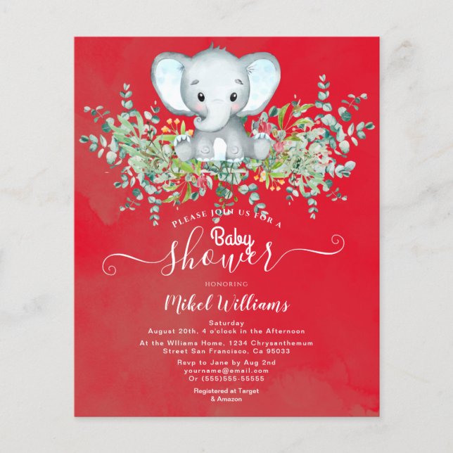 Elephant Floral Eucalyptus Baby Dusche Einladungen Flyer (Vorne)