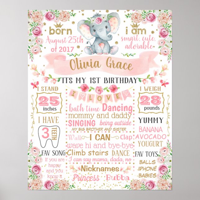 Elephant Floral First Birthday Board-Zeichen Poster (Vorne)