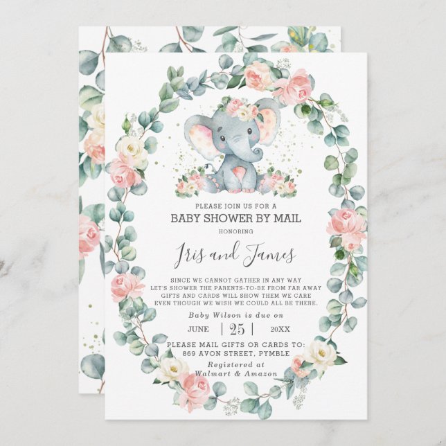 Elephant Floral Greenery Baby Shower von Mail Girl Einladung (Vorne/Hinten)