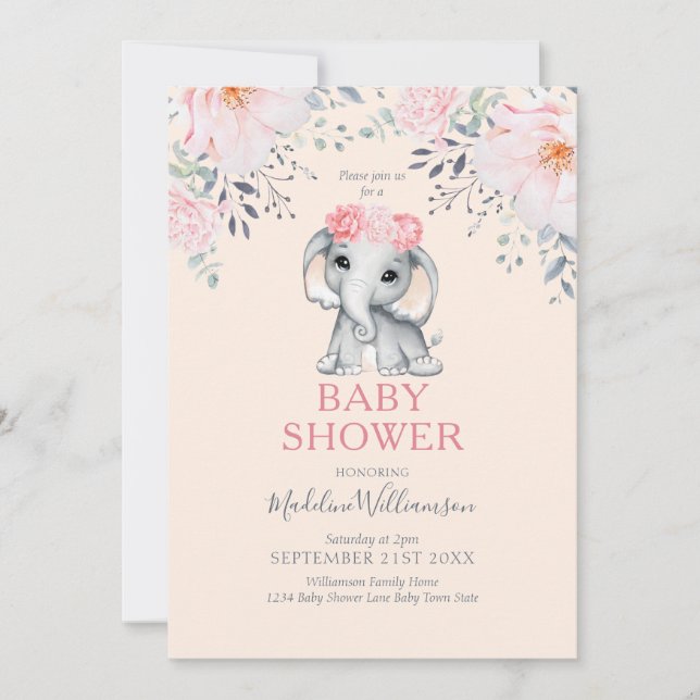 Elephant Floral Pink Girl Babydusche Einladung (Vorderseite)