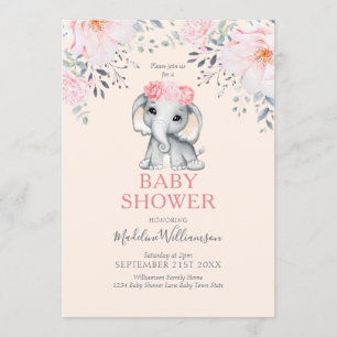 Elephant Floral Pink Girl Babydusche Einladung