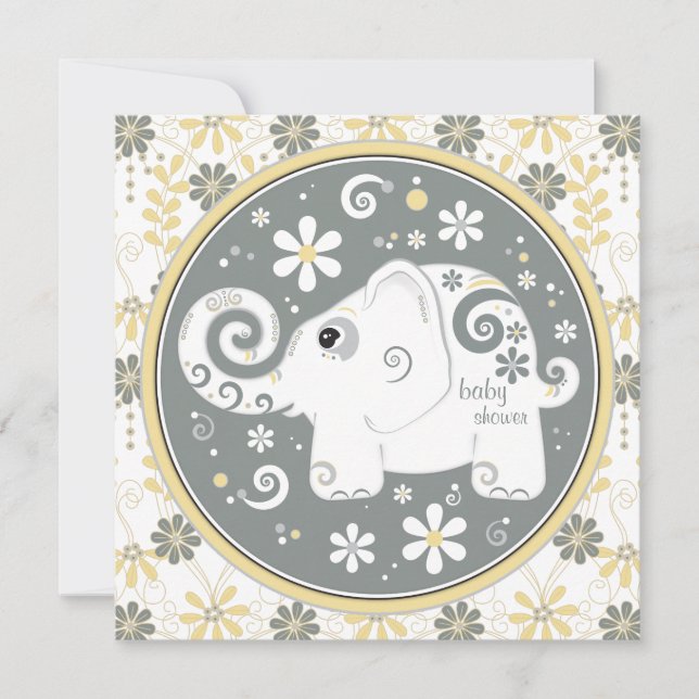 Elephant Floral Yellow Gray Baby Dusche Einladung (Vorderseite)