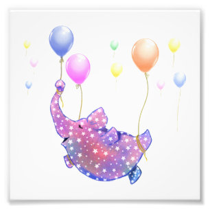 Elephant Flying with Balloons Funny Foto Print
