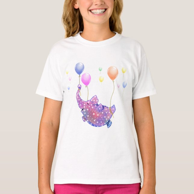 Elephant Flying with Balloons Funny T - Shirt (Vorderseite)