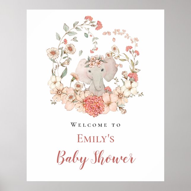 Elephant Foliage Peach Welcome Baby Dusche Poster (Vorne)