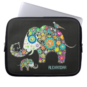 Elephant Form farbenfrohe Retro-Blume Laptopschutzhülle