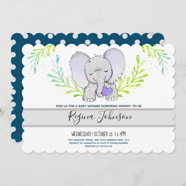 Elephant Gender Neutral Baby Dusche Einladung (Vorne/Hinten)