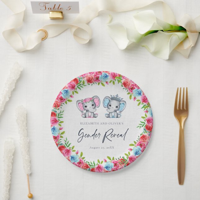 Elephant Gender Reveal Baby Shower Blau und Rosa Pappteller (Hochzeit)