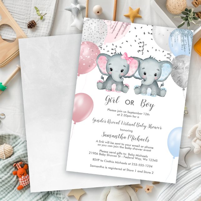 Elephant Gender Reveal Balloon Virtual Baby Shower Einladung (Elephant Gender Reveal Balloon Virtual Baby Shower Invitation)