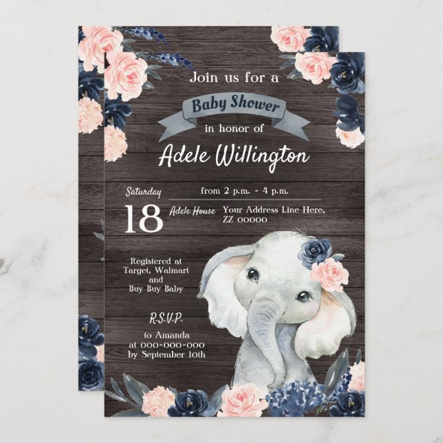 Elephant Geschenk Wasserfarben Blumennavy Pink Hol Einladung (Vorne/Hinten)