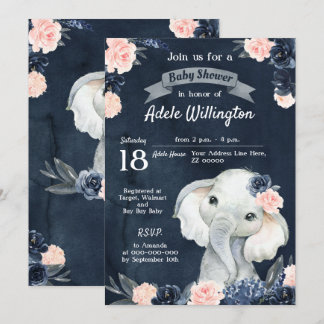 Elephant Gift Watercolor Floral Navy Pink Baby Einladung