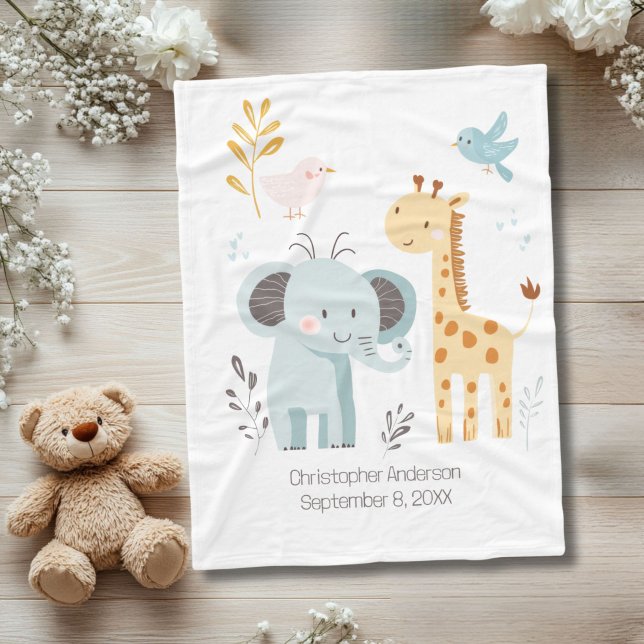 Elephant Giraffe Bird Personalisierter Geburtsstat Fleecedecke (Personalized Birth Stats Elephant Giraffe Bird Baby Blanket)