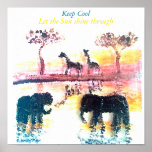 Elephant, Giraffe Safari Sunset Art Poster