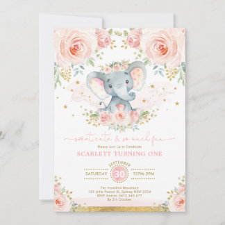 Elephant Girl 1. Geburtstag Blush Pink Gold Floral Einladung