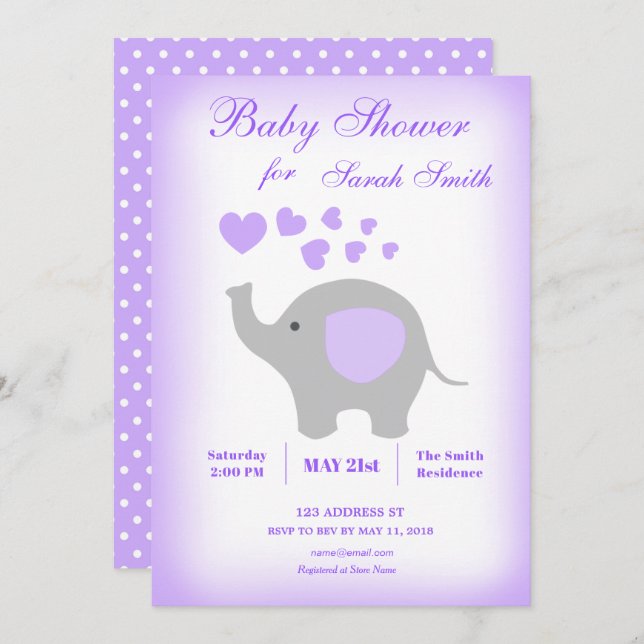 Elephant Girl Baby Shower Einladung Lila Hearts (Vorne/Hinten)