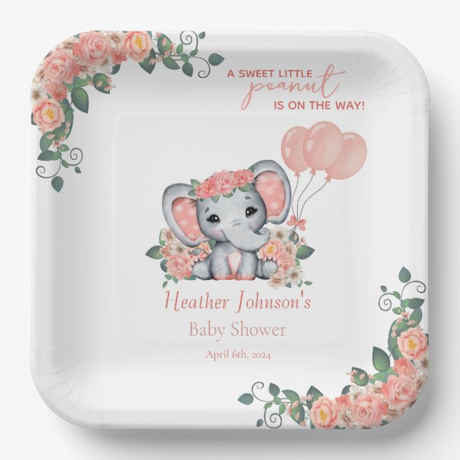 Elephant Girl Baby Shower Pappteller (Vorderseite)