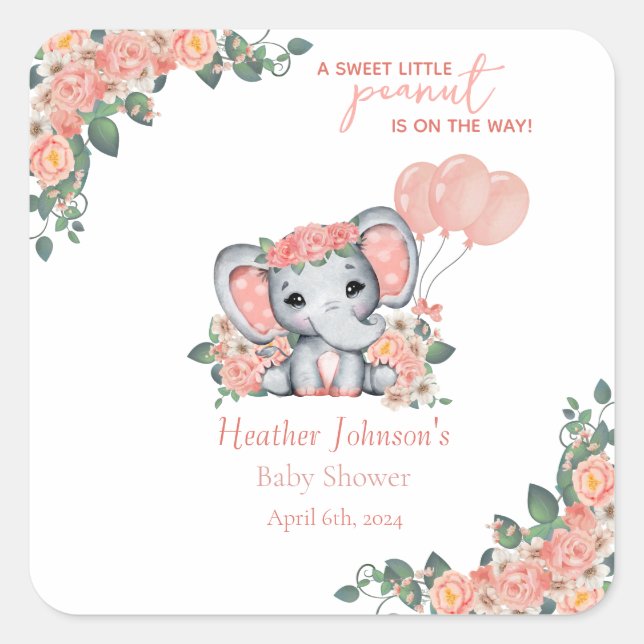 Elephant Girl Baby Shower Quadratischer Aufkleber (Vorderseite)