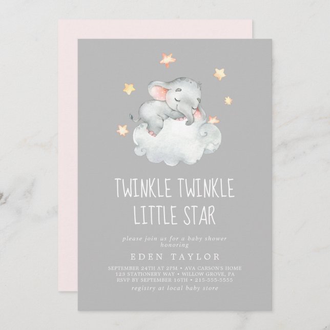 Elephant Girl | Gray Twinkle Twinkle Little Star Einladung (Vorne/Hinten)