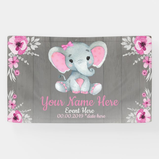 Elephant Girl Hintergrund Rosa Name Rustikale Blum Banner (Horizontal)