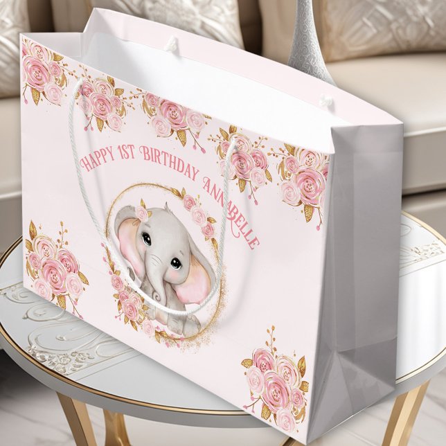 Elephant Girl Pink 1. Geburtstag Große Geschenktas Geschenktüte (Elephant Girl Pink 1st Birthday Large Gift Bag)
