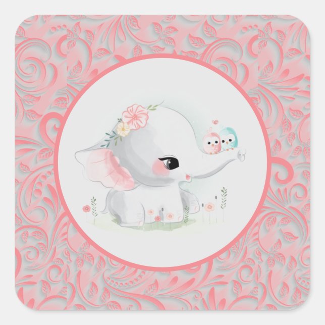 Elephant Girl Pink Baby Dusche Quadratischer Aufkleber (Vorderseite)