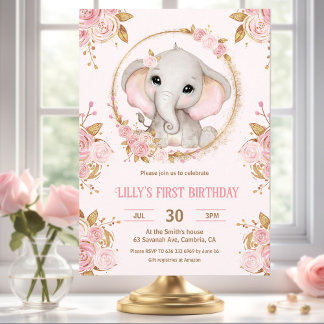 Elephant Girl Pink Floral 1. Geburtstag Einladung