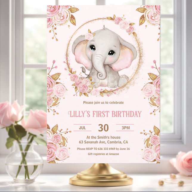 Elephant Girl Pink Floral 1. Geburtstag Einladung (Elephant Girl Pink Floral 1st Birthday Invitation)