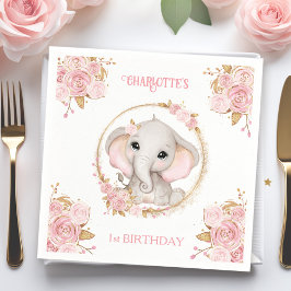 Elephant Girl Pink Floral 1. Geburtstag Napkins Serviette